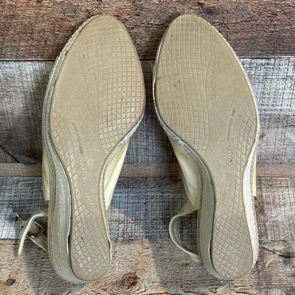 Stuart Weitzman Patent Leather Tan Wedge Slingback Heels Peep Toe Size 8 - Picture 14 of 14